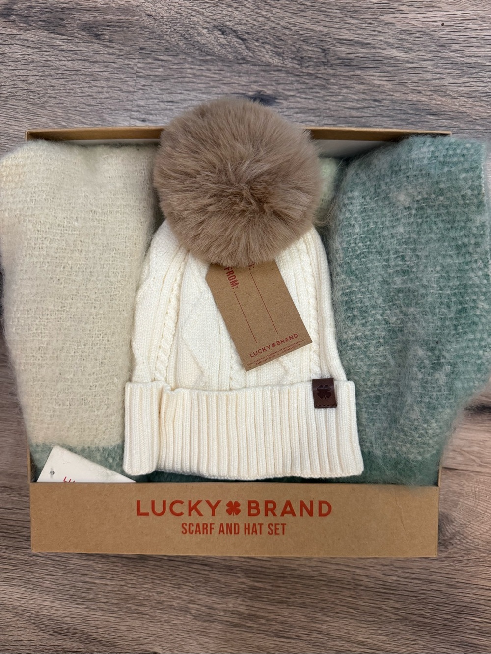 Lucky Brand Kids Cream Cable Knit Pom Hat and Green Scarf Set
